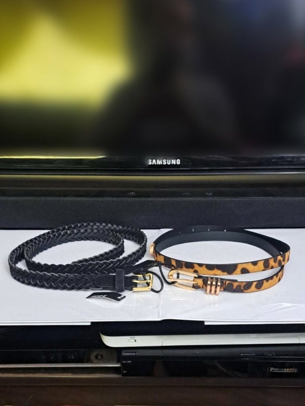 2PC Skinny Belt Bundle: Black Woven Braided Belt & Leopard Calf Hair Belt – NWT